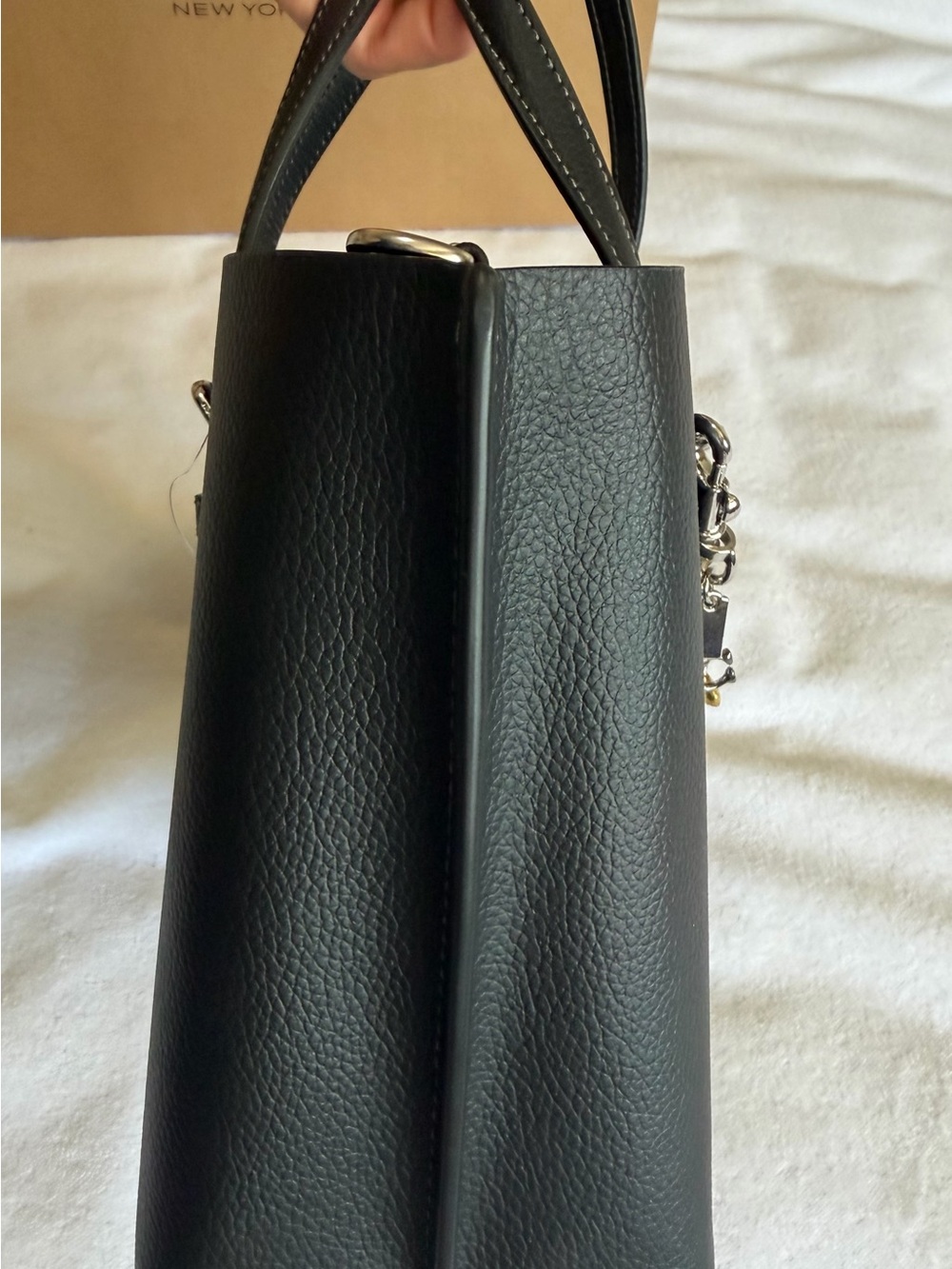 NWT Coach Mollie Tote 25 Black Metallic Logo Bundle w/ Strap and charm - Picture 12 of 14